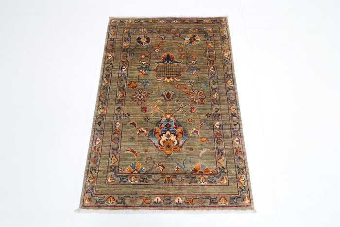 85 x 125 cm | Oriental Floral Gray Rug Afghan Hand Knotted Veg dye Wool carpet