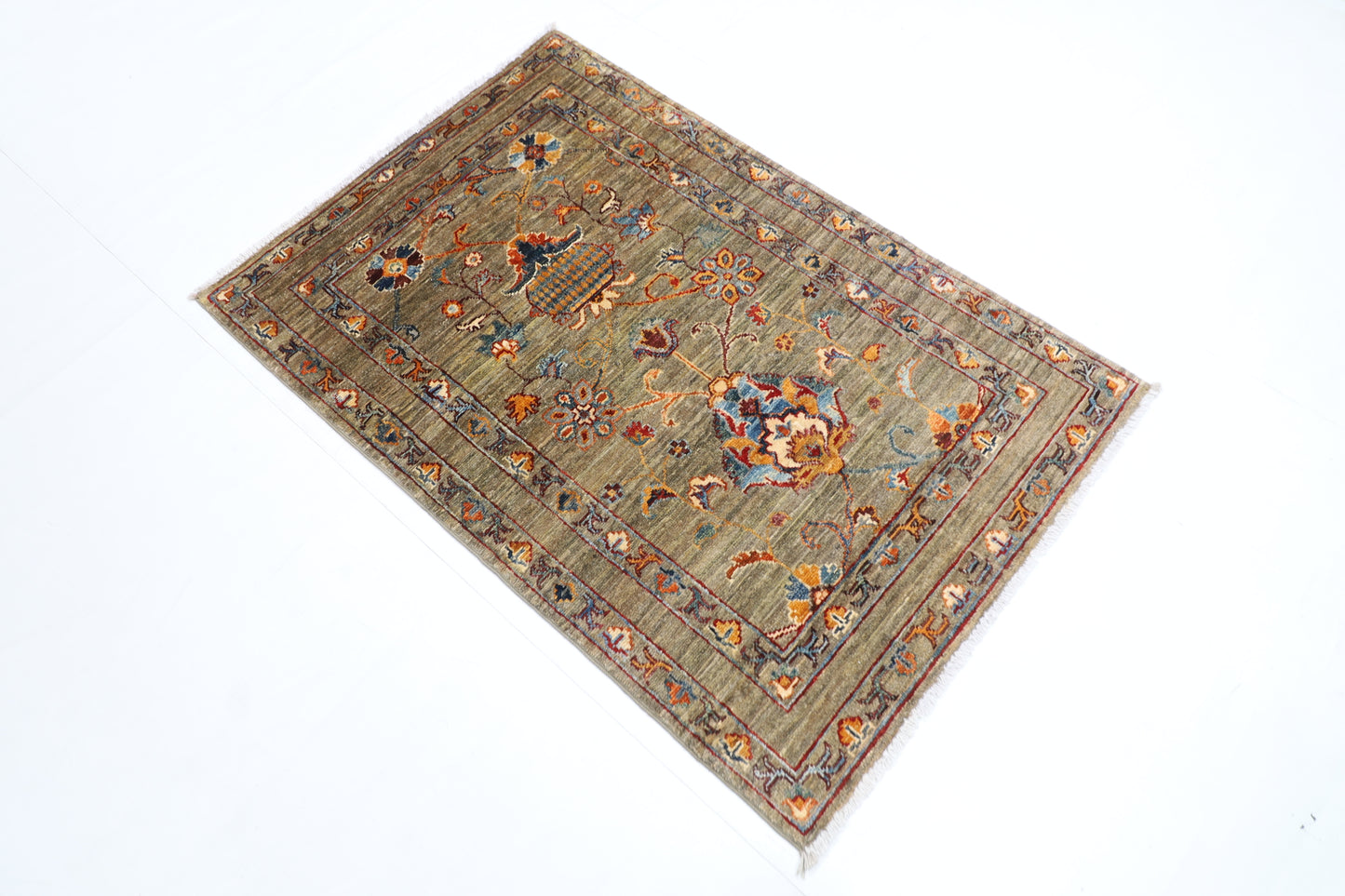 85 x 125 cm | Oriental Floral Gray Rug Afghan Hand Knotted Veg dye Wool carpet