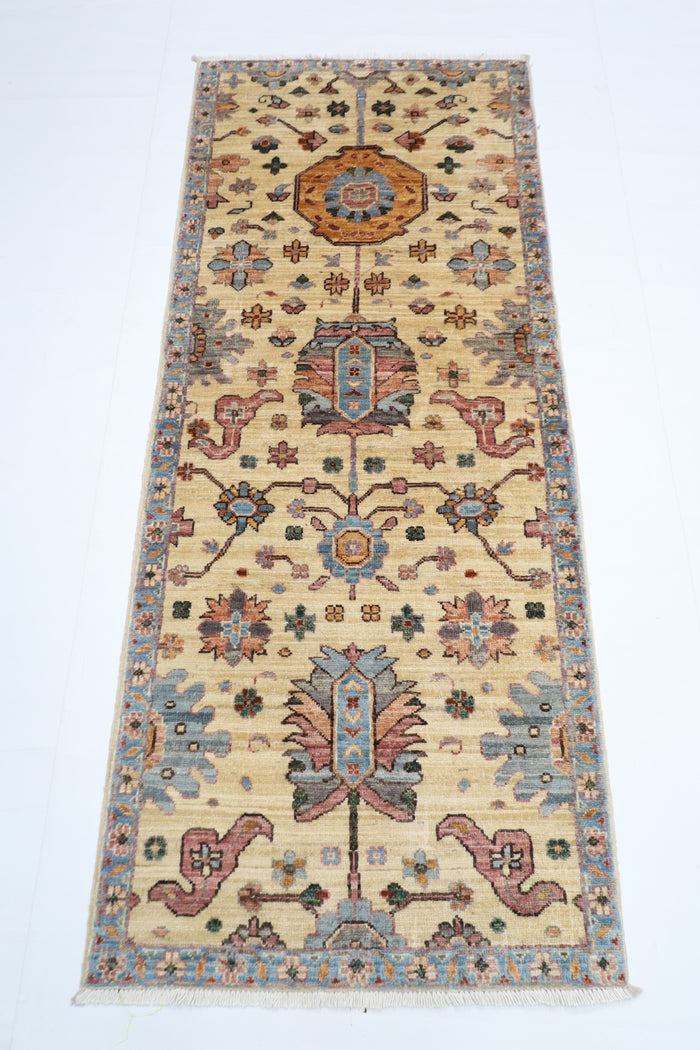 74 x 183 cm | Hallway Floral beige Rug Afghan Hand Knotted Veg dye Wool carpet