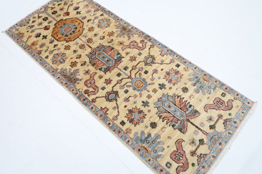 74 x 183 cm | Hallway Floral beige Rug Afghan Hand Knotted Veg dye Wool carpet
