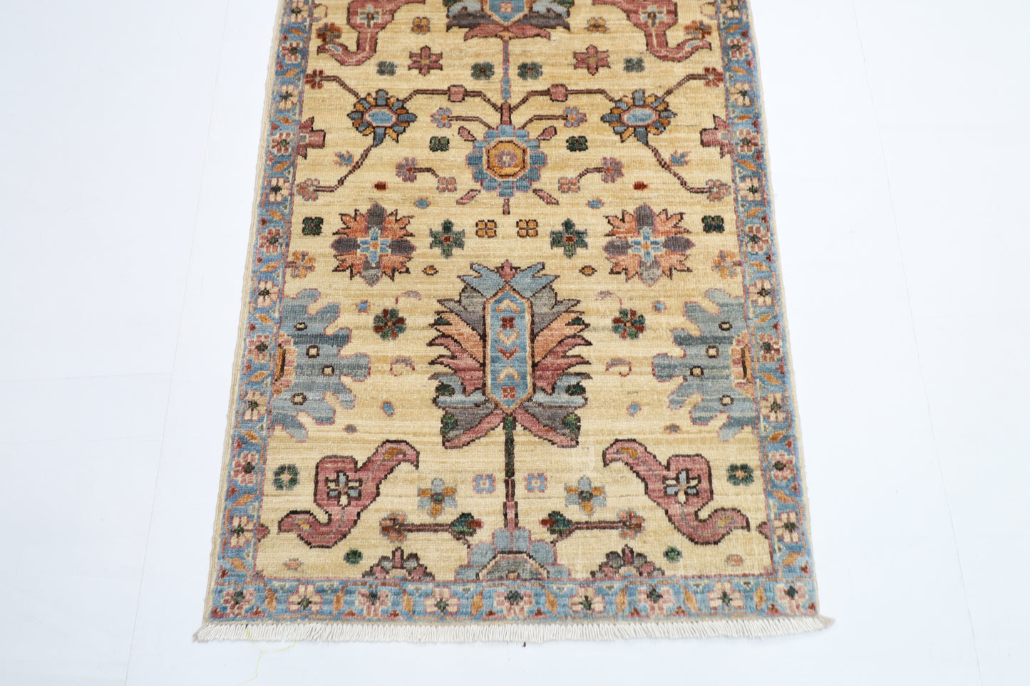 74 x 183 cm | Hallway Floral beige Rug Afghan Hand Knotted Veg dye Wool carpet