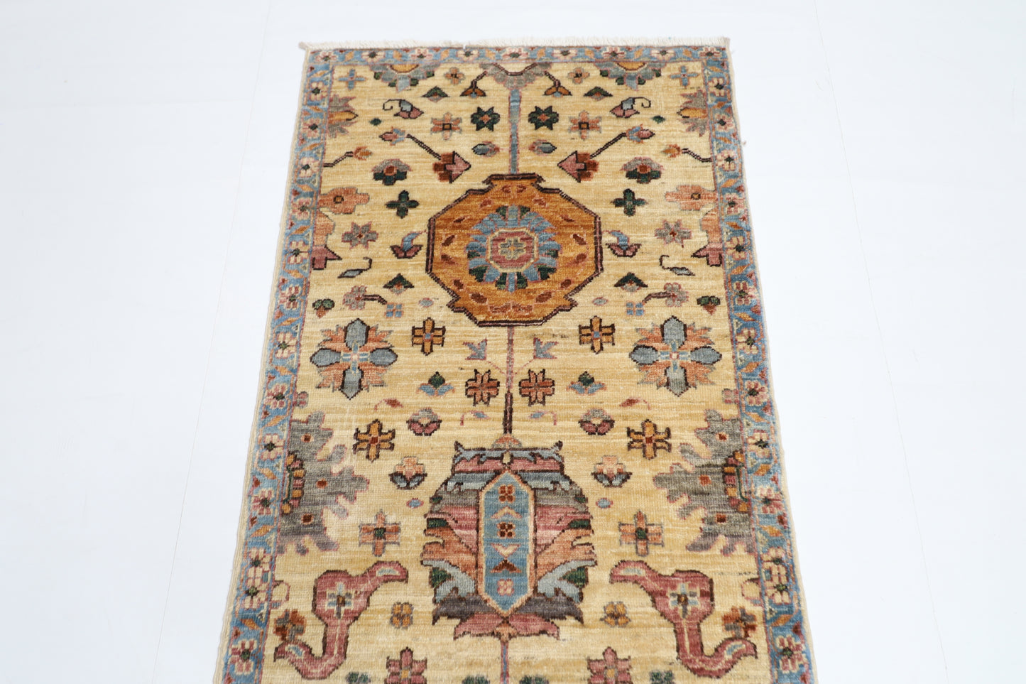 74 x 183 cm | Hallway Floral beige Rug Afghan Hand Knotted Veg dye Wool carpet