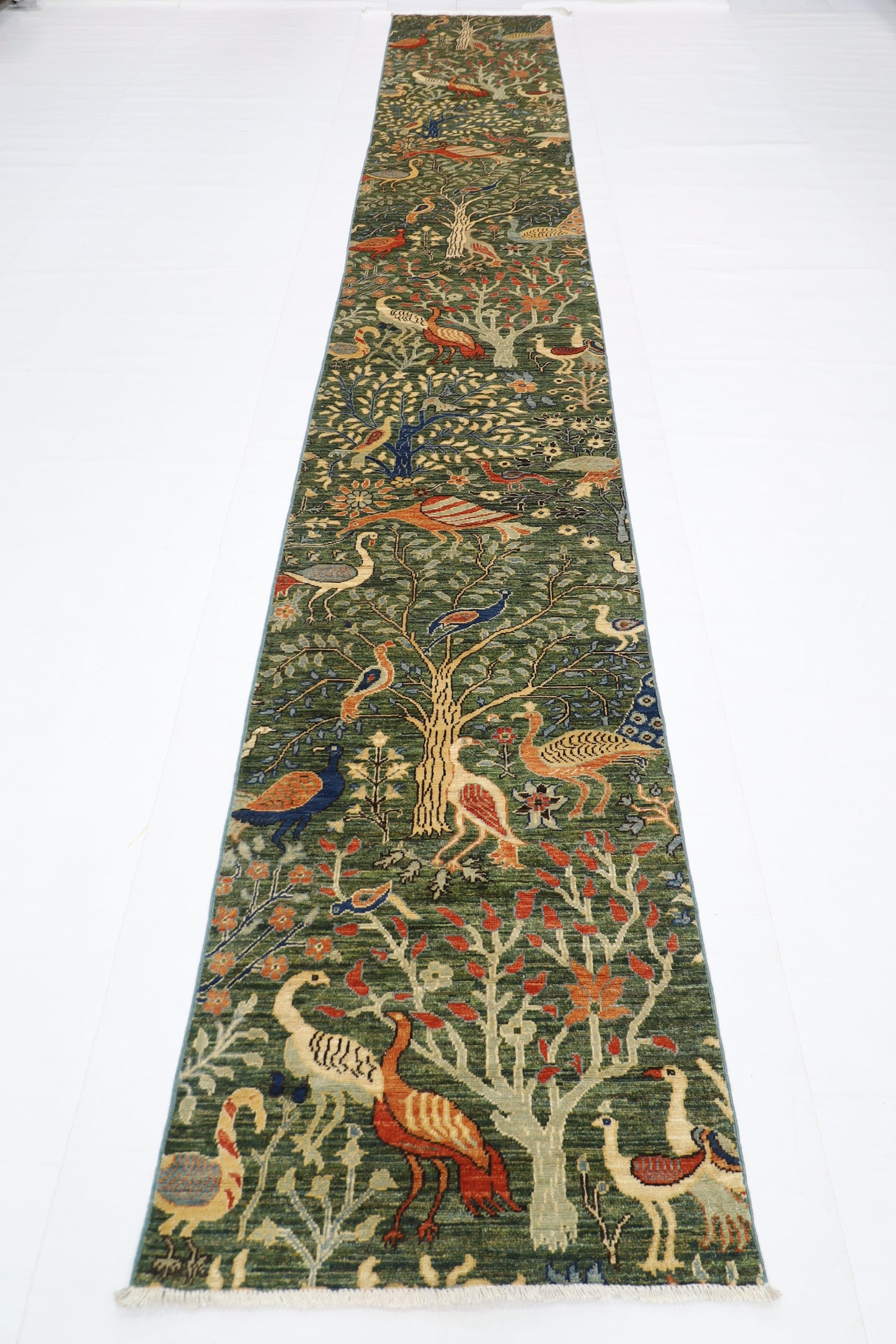 75 x 484 cm | Hallway Large Birds Green Rug Afghan Hand Knotted Veg dye Wool carpet