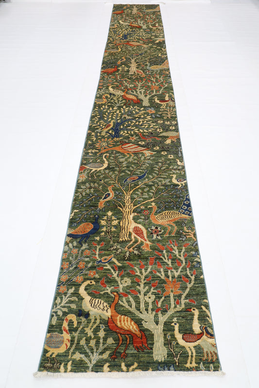75 x 484 cm | Hallway Large Birds Green Rug Afghan Hand Knotted Veg dye Wool carpet