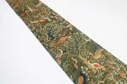 75 x 484 cm | Hallway Large Birds Green Rug Afghan Hand Knotted Veg dye Wool carpet