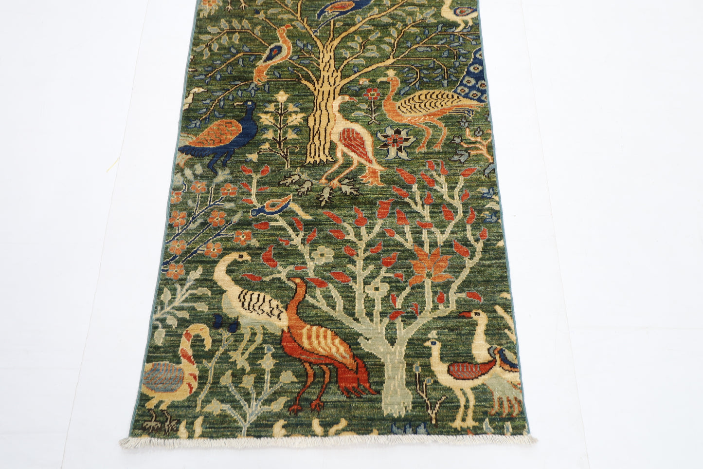 75 x 484 cm | Hallway Large Birds Green Rug Afghan Hand Knotted Veg dye Wool carpet