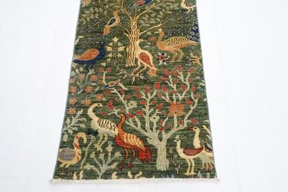 75 x 484 cm | Hallway Large Birds Green Rug Afghan Hand Knotted Veg dye Wool carpet