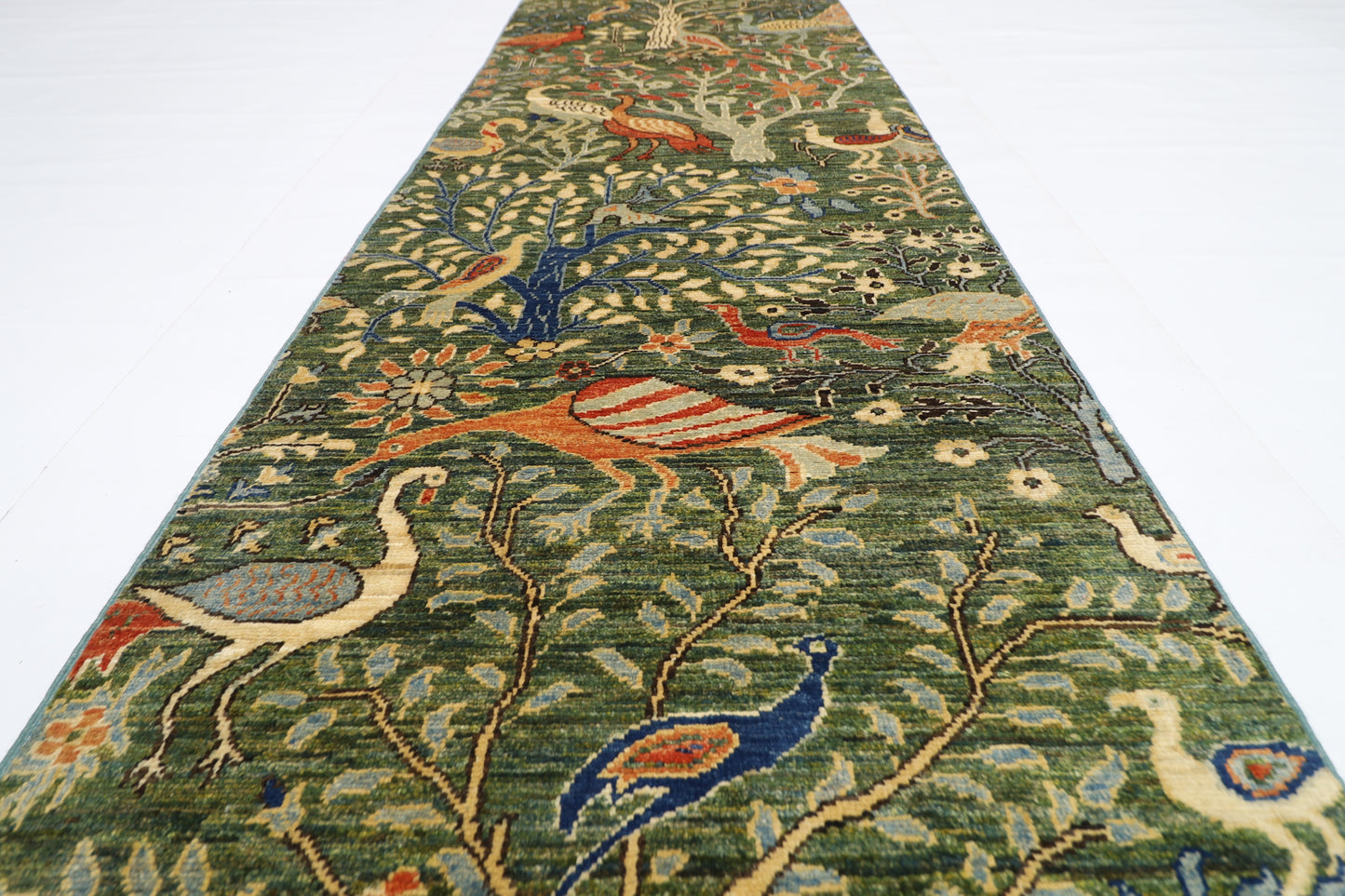 75 x 484 cm | Hallway Large Birds Green Rug Afghan Hand Knotted Veg dye Wool carpet