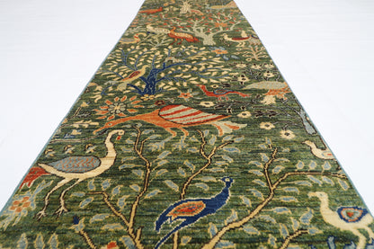 75 x 484 cm | Hallway Large Birds Green Rug Afghan Hand Knotted Veg dye Wool carpet