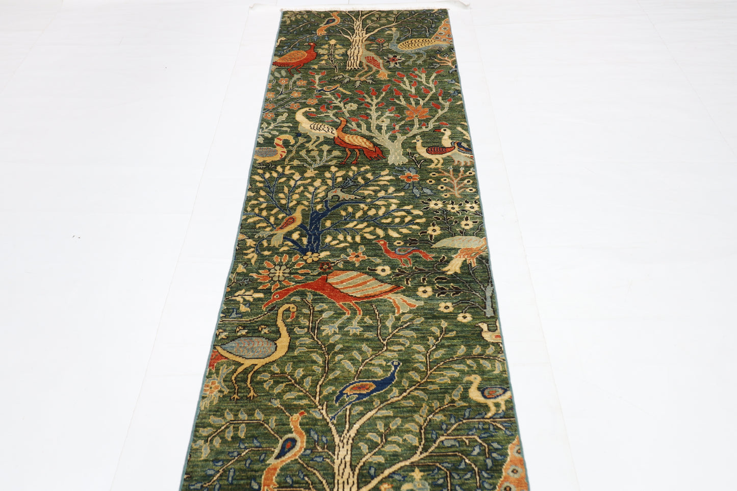 75 x 484 cm | Hallway Large Birds Green Rug Afghan Hand Knotted Veg dye Wool carpet