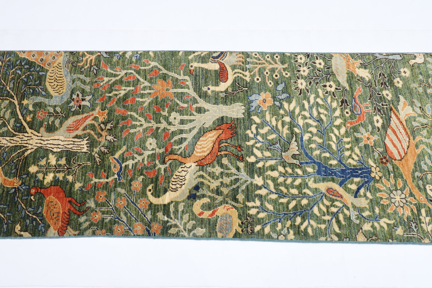 75 x 484 cm | Hallway Large Birds Green Rug Afghan Hand Knotted Veg dye Wool carpet