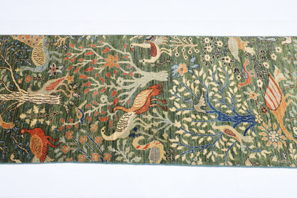75 x 484 cm | Hallway Large Birds Green Rug Afghan Hand Knotted Veg dye Wool carpet