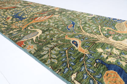75 x 484 cm | Hallway Large Birds Green Rug Afghan Hand Knotted Veg dye Wool carpet