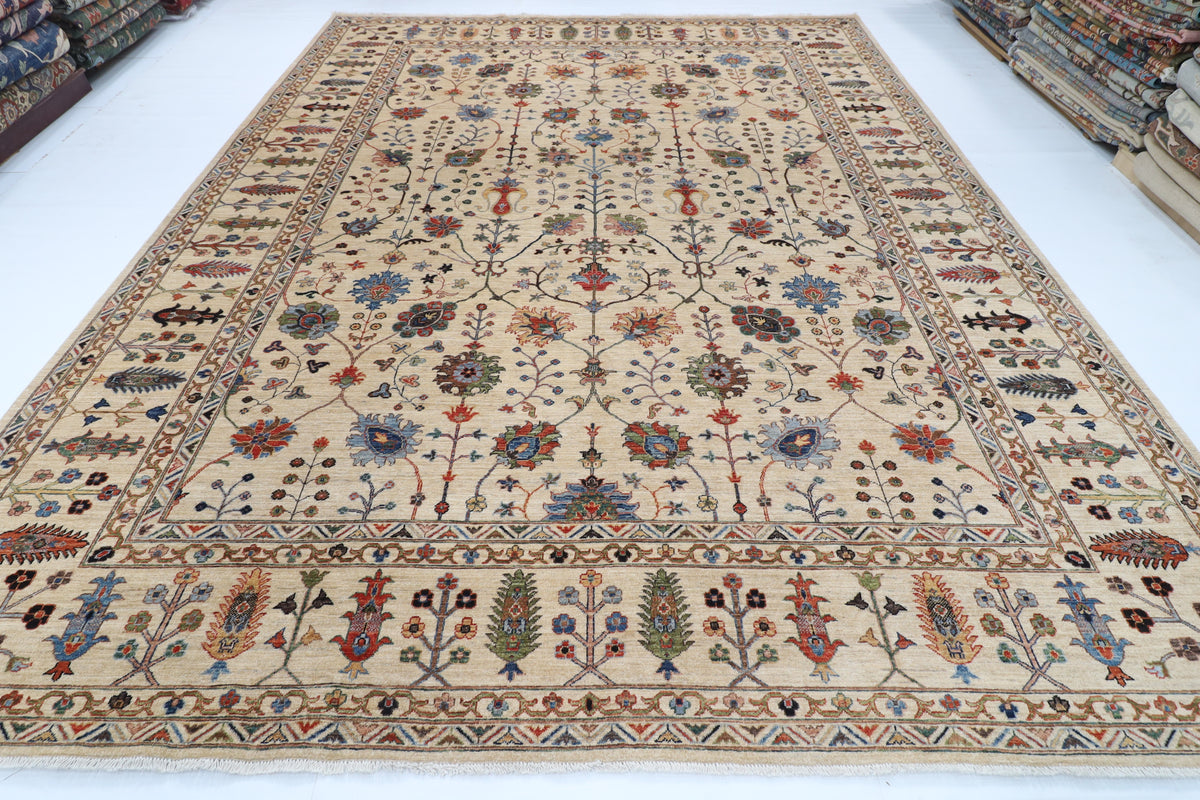 306 x 395 cm | Sultani beige Design Hand Knotted Wool Afghan Carpet