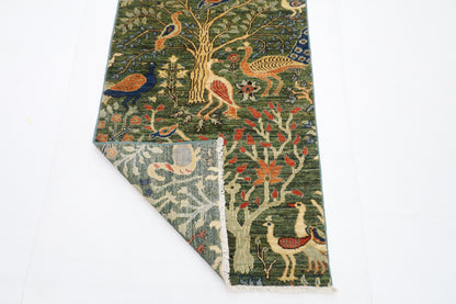 75 x 484 cm | Hallway Large Birds Green Rug Afghan Hand Knotted Veg dye Wool carpet
