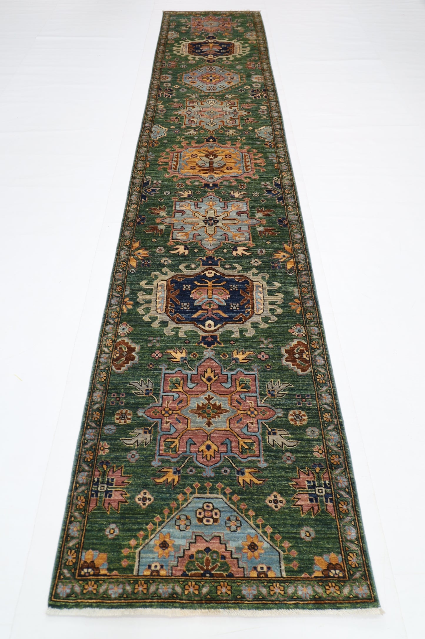 86 x 421 cm | Hallway Tribal Green Rug Afghan Hand Knotted Veg dye Wool carpet