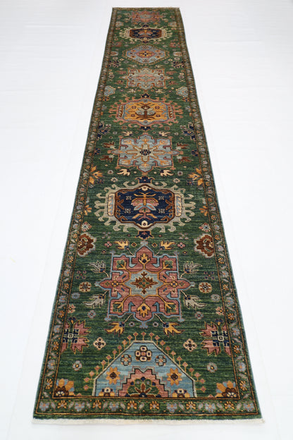 86 x 421 cm | Hallway Tribal Green Rug Afghan Hand Knotted Veg dye Wool carpet
