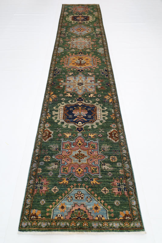 86 x 421 cm | Hallway Tribal Green Rug Afghan Hand Knotted Veg dye Wool carpet