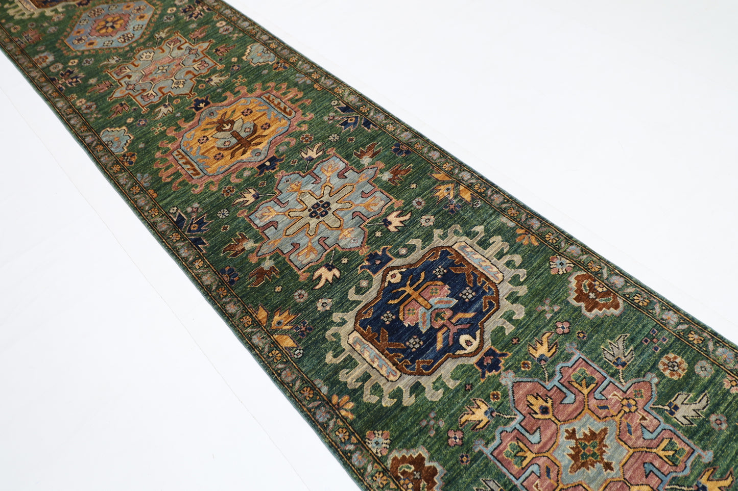 86 x 421 cm | Hallway Tribal Green Rug Afghan Hand Knotted Veg dye Wool carpet