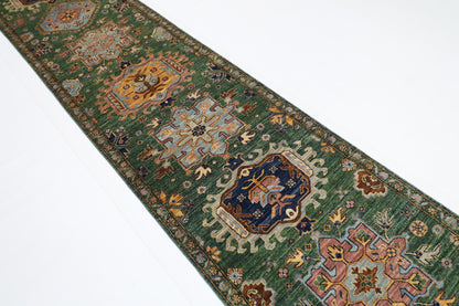 86 x 421 cm | Hallway Tribal Green Rug Afghan Hand Knotted Veg dye Wool carpet
