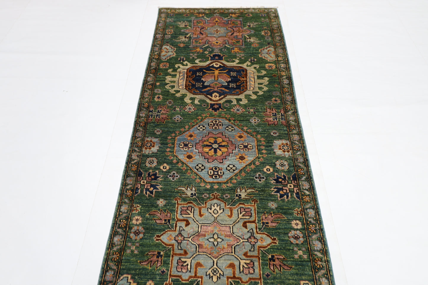 86 x 421 cm | Hallway Tribal Green Rug Afghan Hand Knotted Veg dye Wool carpet