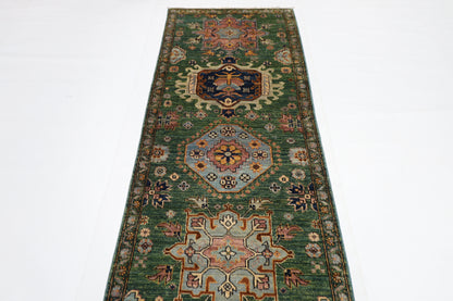 86 x 421 cm | Hallway Tribal Green Rug Afghan Hand Knotted Veg dye Wool carpet