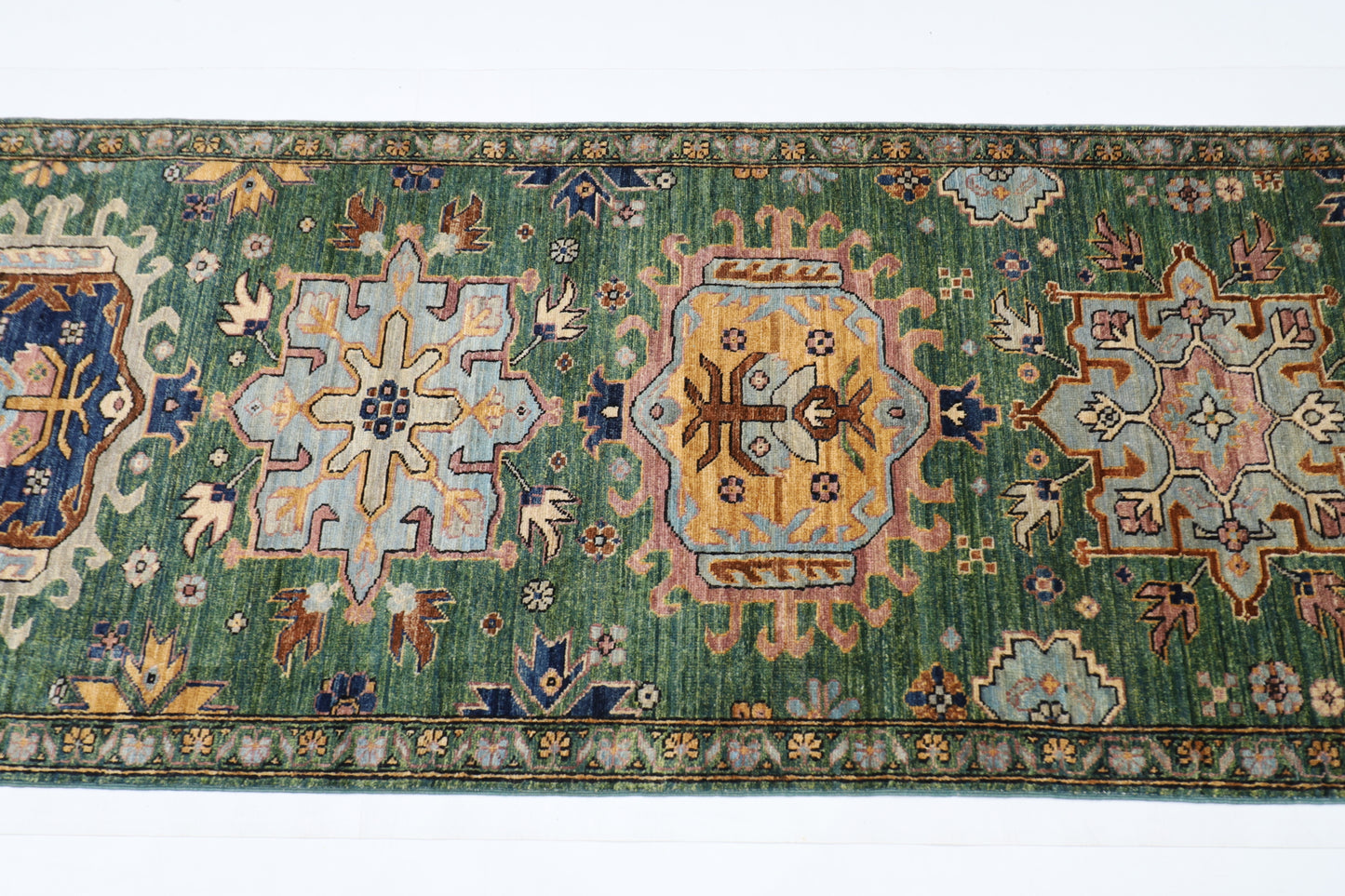 86 x 421 cm | Hallway Tribal Green Rug Afghan Hand Knotted Veg dye Wool carpet