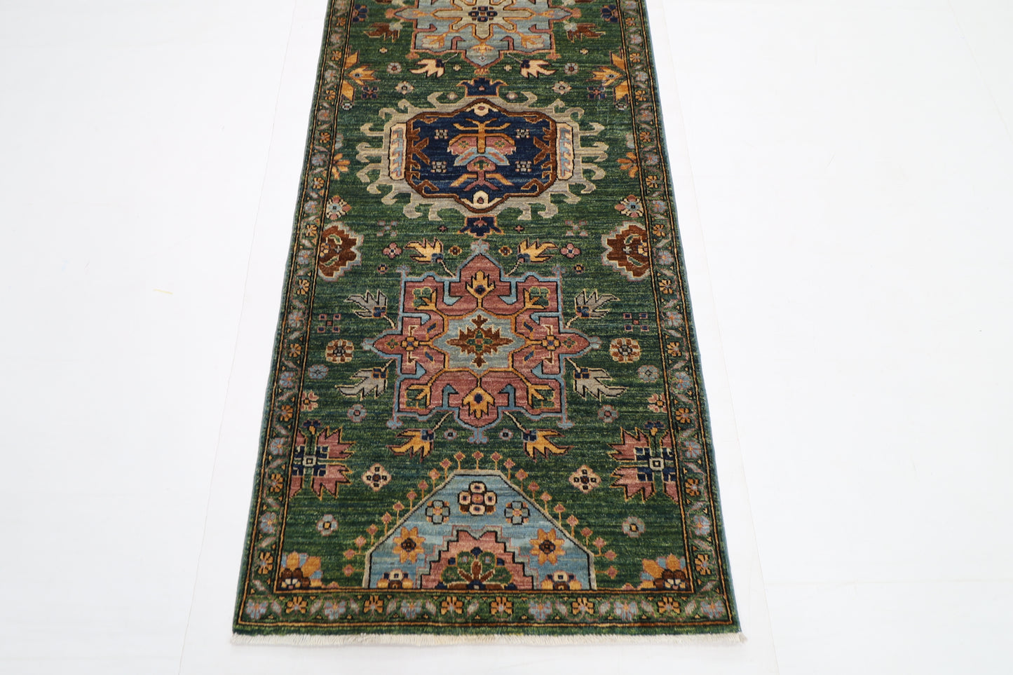 86 x 421 cm | Hallway Tribal Green Rug Afghan Hand Knotted Veg dye Wool carpet