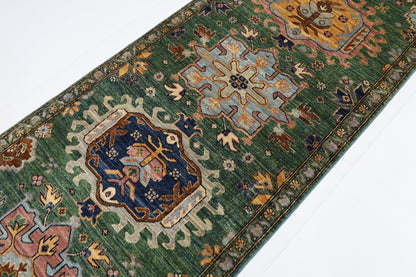 86 x 421 cm | Hallway Tribal Green Rug Afghan Hand Knotted Veg dye Wool carpet