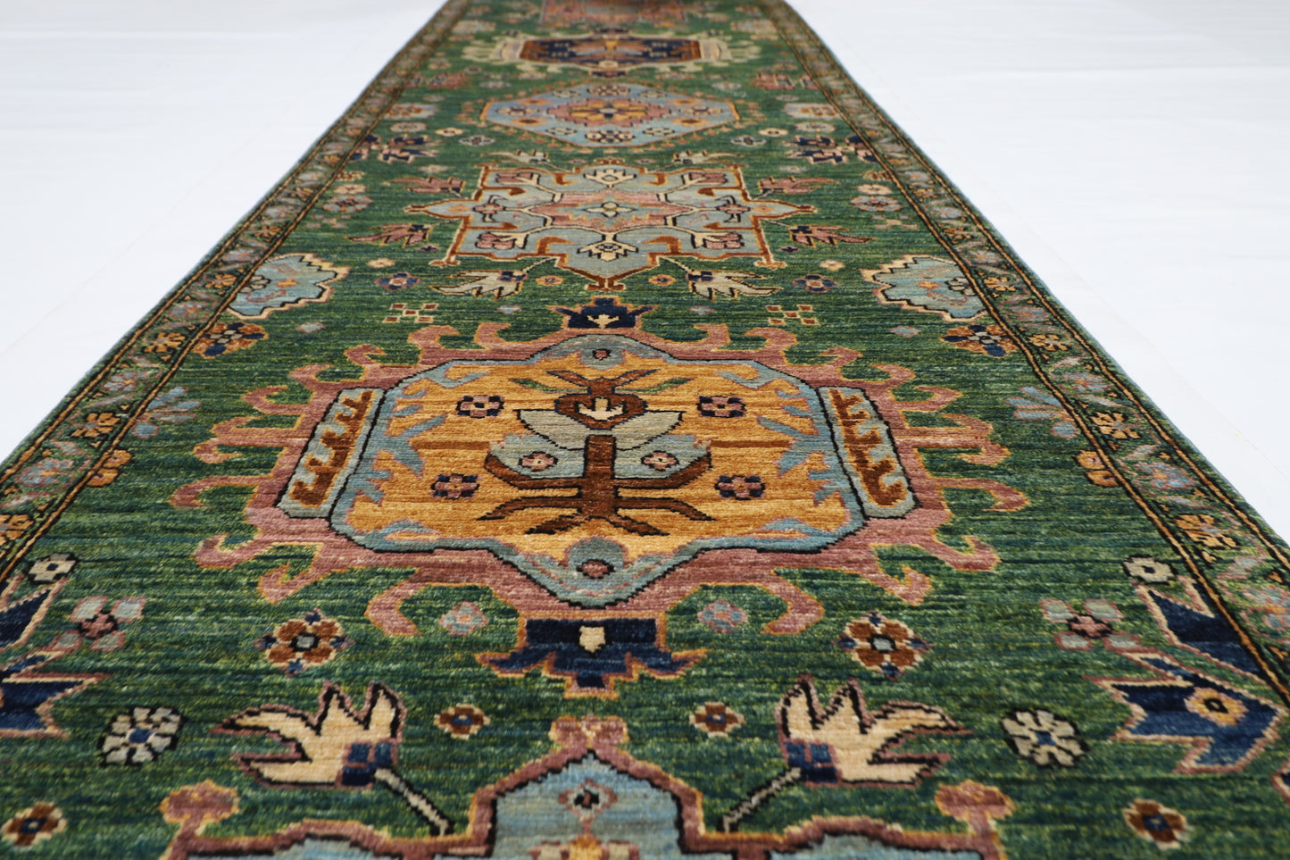 86 x 421 cm | Hallway Tribal Green Rug Afghan Hand Knotted Veg dye Wool carpet