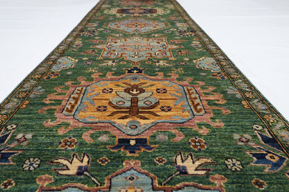 86 x 421 cm | Hallway Tribal Green Rug Afghan Hand Knotted Veg dye Wool carpet