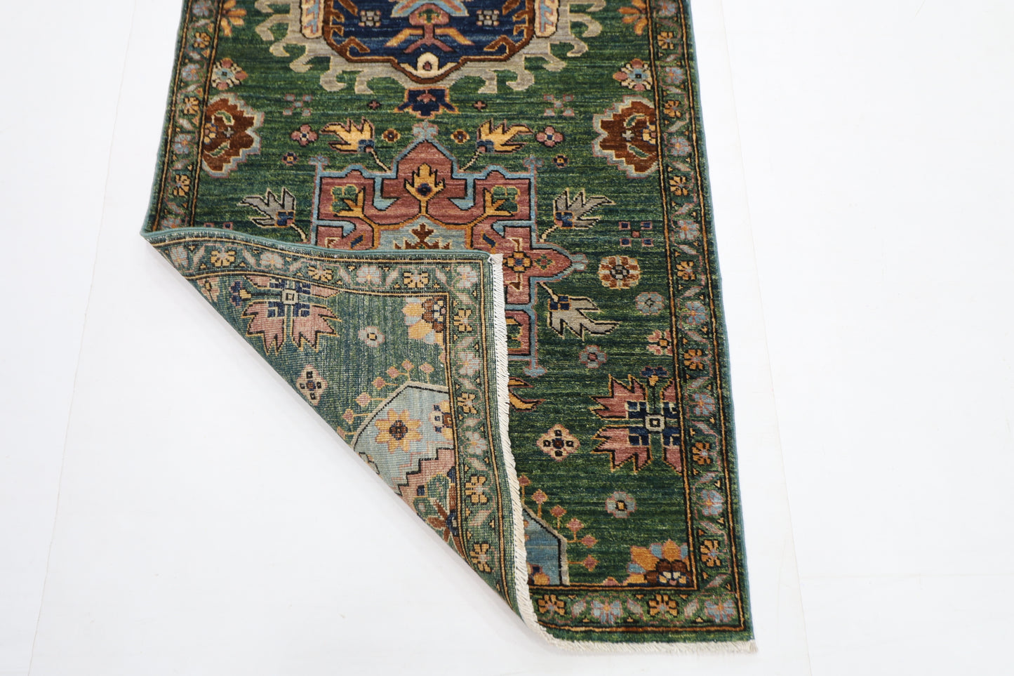 86 x 421 cm | Hallway Tribal Green Rug Afghan Hand Knotted Veg dye Wool carpet