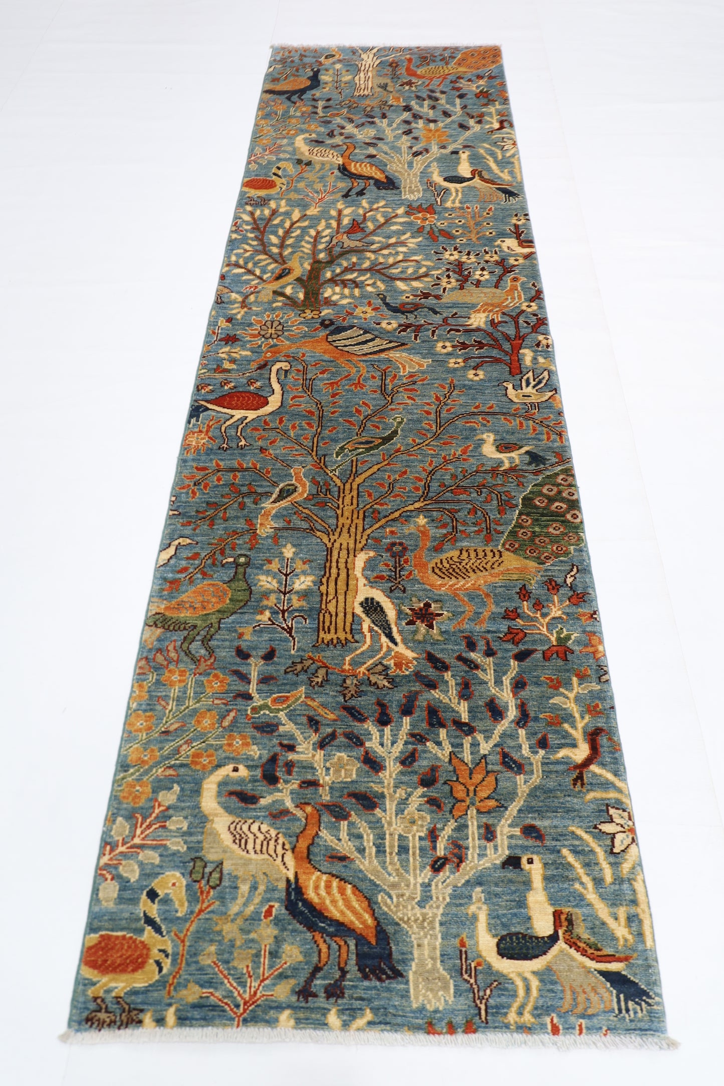 87 x 297 cm | Hallway Birds Blue Rug Afghan Hand Knotted Veg dye Wool carpet