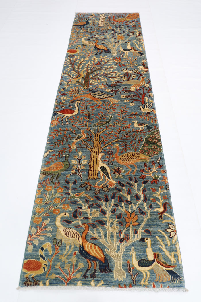 87 x 297 cm | Hallway Birds Blue Rug Afghan Hand Knotted Veg dye Wool carpet