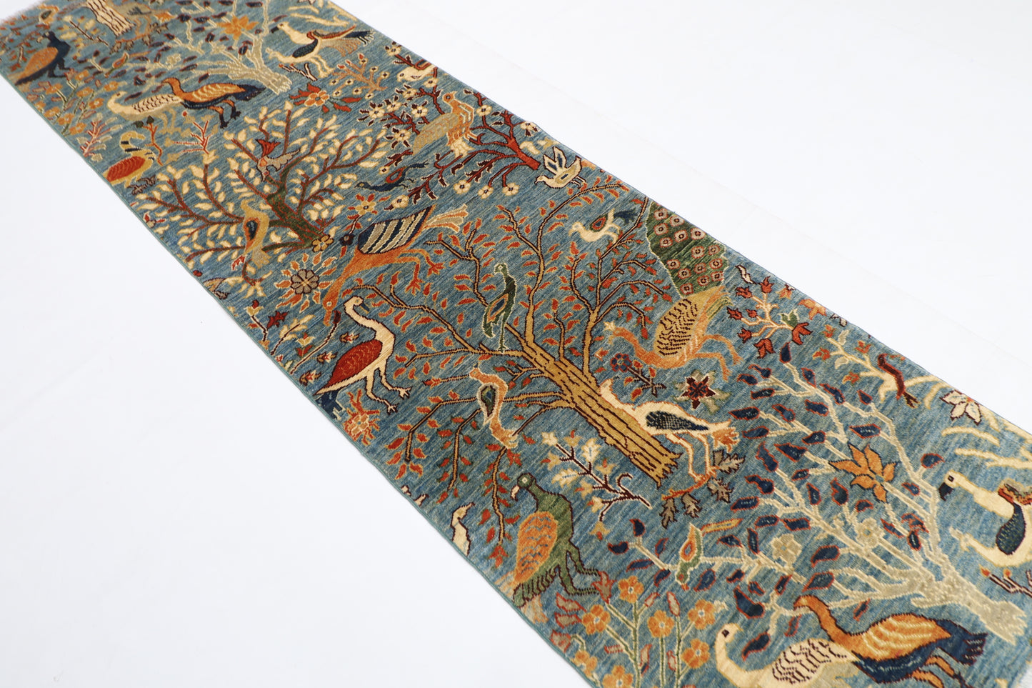 87 x 297 cm | Hallway Birds Blue Rug Afghan Hand Knotted Veg dye Wool carpet