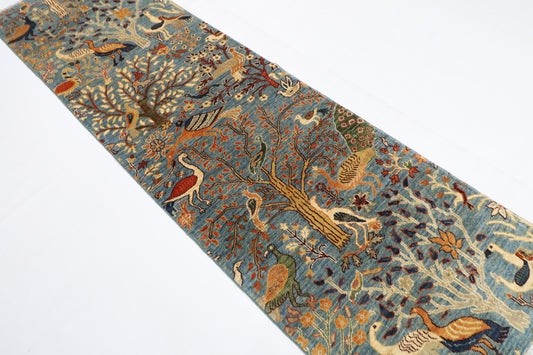 87 x 297 cm | Hallway Birds Blue Rug Afghan Hand Knotted Veg dye Wool carpet