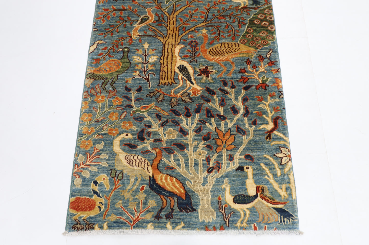 87 x 297 cm | Hallway Birds Blue Rug Afghan Hand Knotted Veg dye Wool carpet