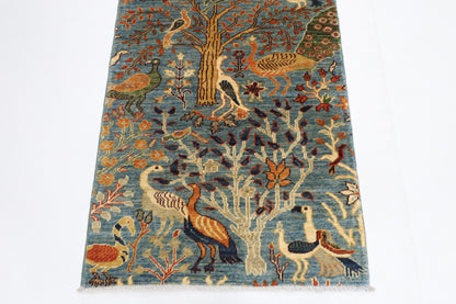 87 x 297 cm | Hallway Birds Blue Rug Afghan Hand Knotted Veg dye Wool carpet