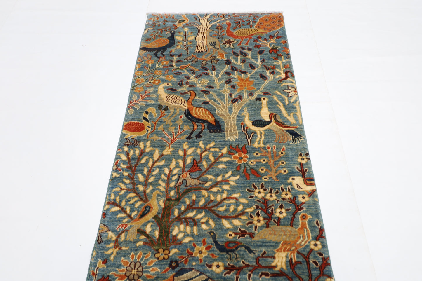 87 x 297 cm | Hallway Birds Blue Rug Afghan Hand Knotted Veg dye Wool carpet