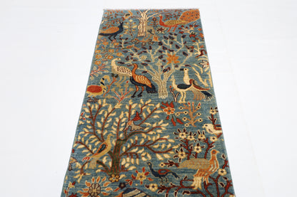 87 x 297 cm | Hallway Birds Blue Rug Afghan Hand Knotted Veg dye Wool carpet