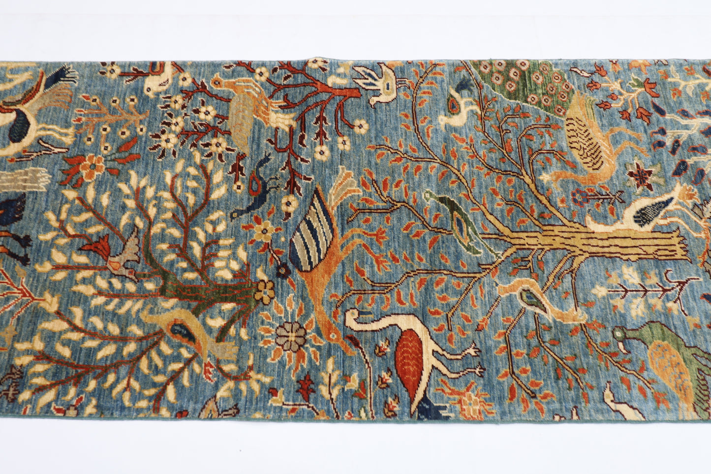 87 x 297 cm | Hallway Birds Blue Rug Afghan Hand Knotted Veg dye Wool carpet