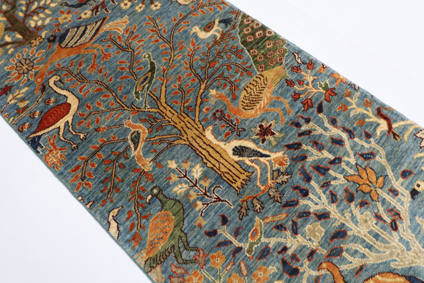 87 x 297 cm | Hallway Birds Blue Rug Afghan Hand Knotted Veg dye Wool carpet