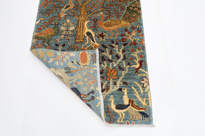 87 x 297 cm | Hallway Birds Blue Rug Afghan Hand Knotted Veg dye Wool carpet