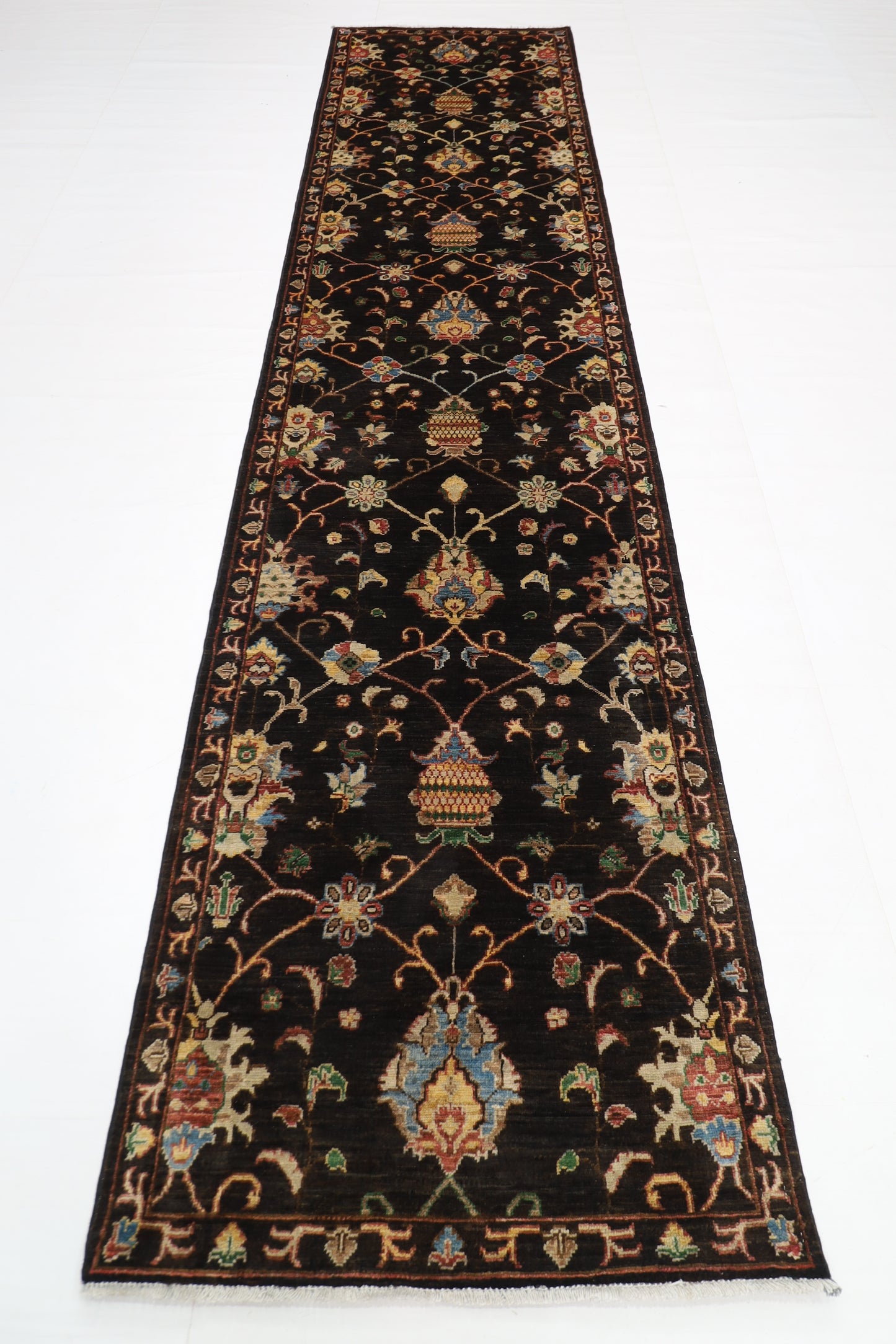 93 x 394 cm | Hallway Tribal Black Rug Afghan Hand Knotted Veg dye Wool carpet