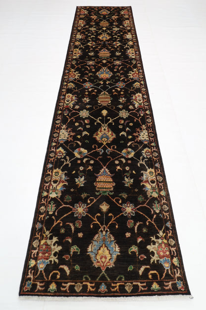 93 x 394 cm | Hallway Tribal Black Rug Afghan Hand Knotted Veg dye Wool carpet