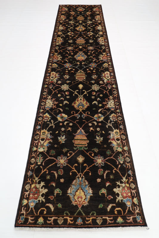 93 x 394 cm | Hallway Tribal Black Rug Afghan Hand Knotted Veg dye Wool carpet