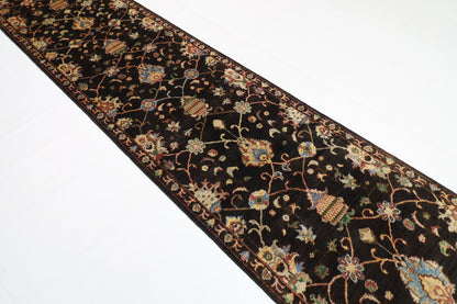 93 x 394 cm | Hallway Tribal Black Rug Afghan Hand Knotted Veg dye Wool carpet