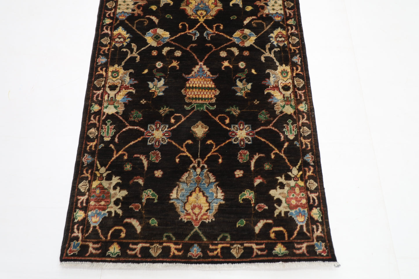 93 x 394 cm | Hallway Tribal Black Rug Afghan Hand Knotted Veg dye Wool carpet
