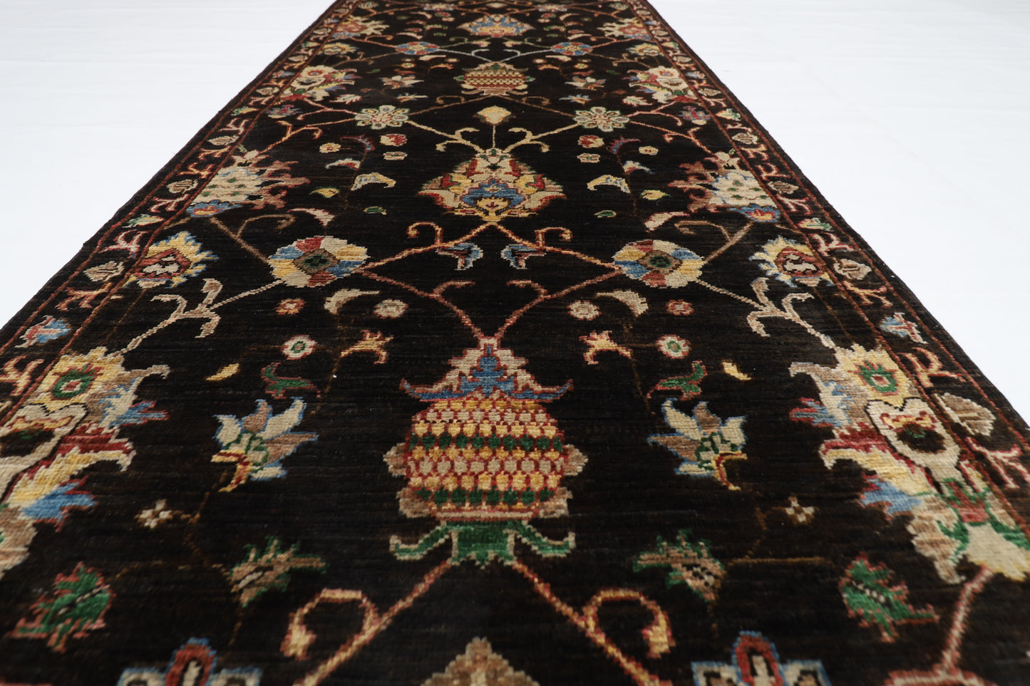 93 x 394 cm | Hallway Tribal Black Rug Afghan Hand Knotted Veg dye Wool carpet
