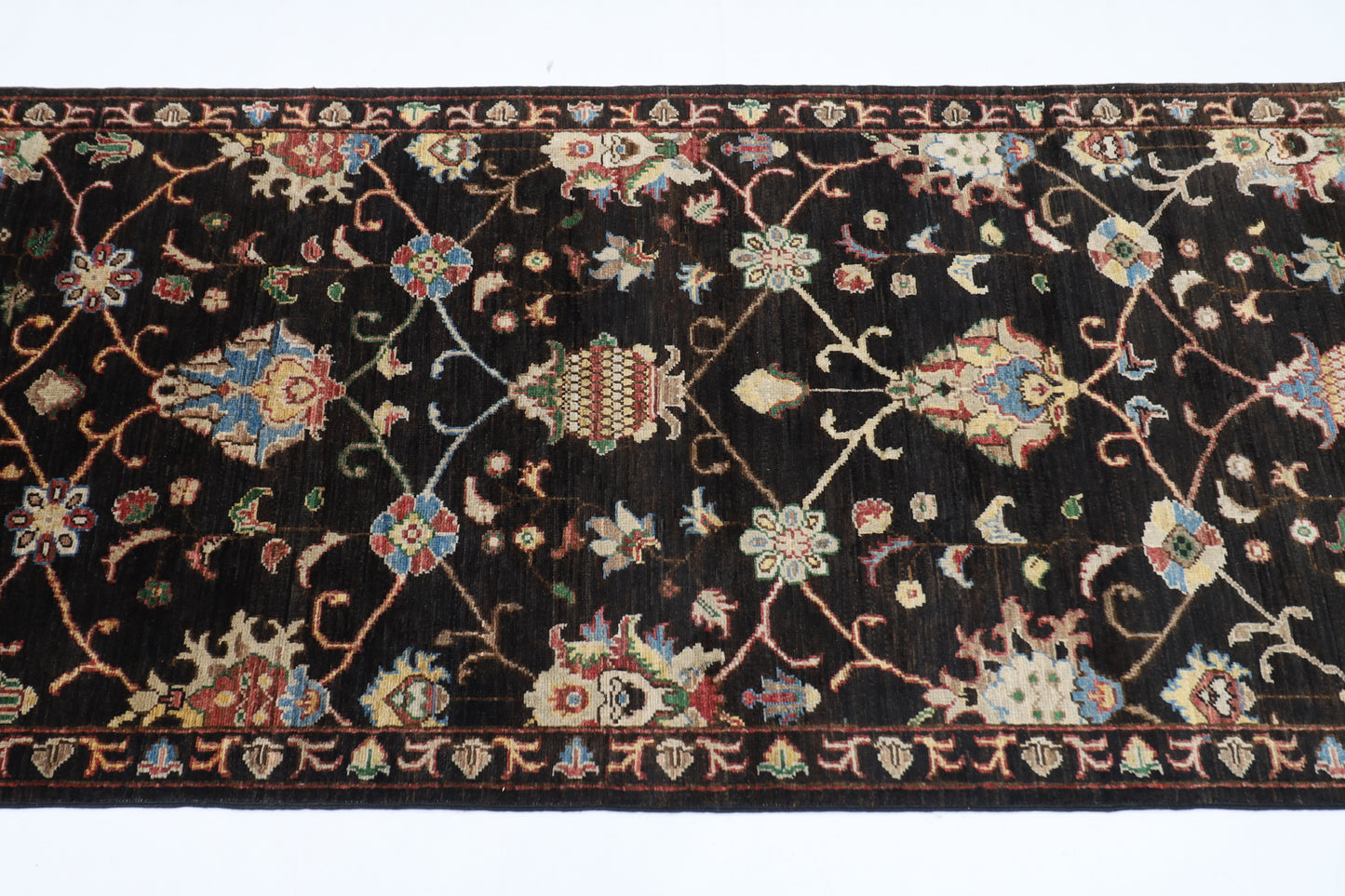 93 x 394 cm | Hallway Tribal Black Rug Afghan Hand Knotted Veg dye Wool carpet